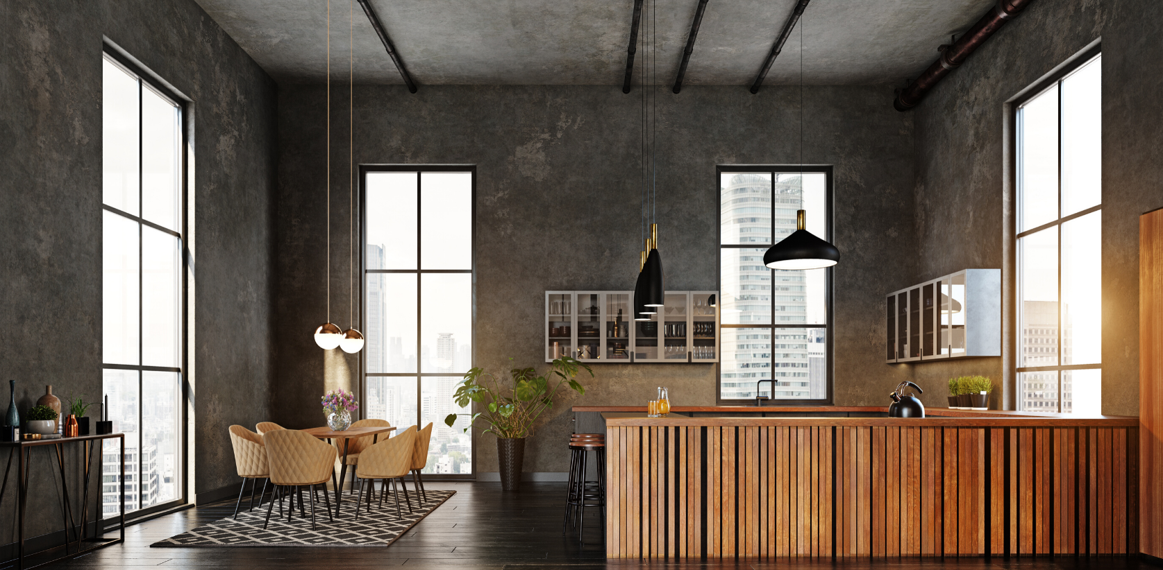 A modern kitchen area with a natural wood countertop, textured walls, and floor-to-ceiling windows